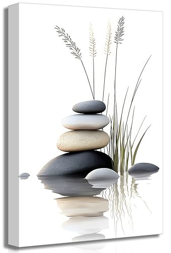 Zen Stone Canvas Wall Art Stacked Stones in Water with Grasses Painting Picture Wall Decor Poster Print Suitable for Yoga Meditation Room Bathroom Bedroom Study Home Decoration - color: Zen Stone-Canvas, size: 16"L x 12"W