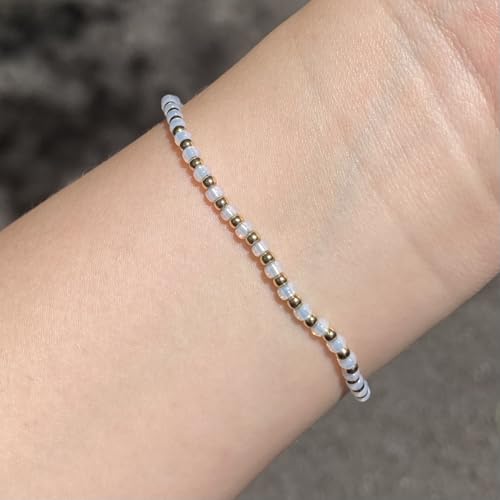 Handmade Opal White Glass & 18K Gold Plated Brass Beaded Bracelet | Minimalist Modern Jewelry for Women | Everyday Glamor Stacking Piece - size: Large