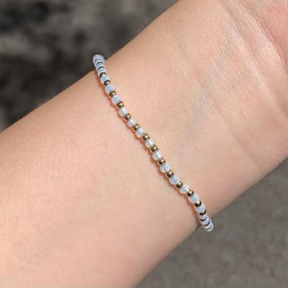 Handmade Opal White Glass & 18K Gold Plated Brass Beaded Bracelet | Minimalist Modern Jewelry for Women | Everyday Glamor Stacking Piece - size: Large