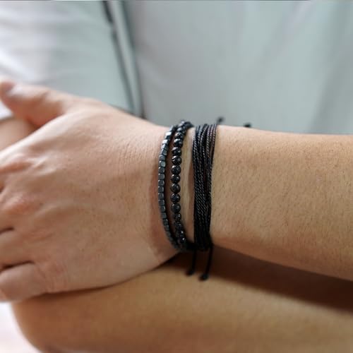 Mezcla Vida Handmade Natural Stone Beaded & Hematite Healing Bracelet Gift for Men-Set of 3 Stackable Adjustable Waterproof String Rope Bracelets