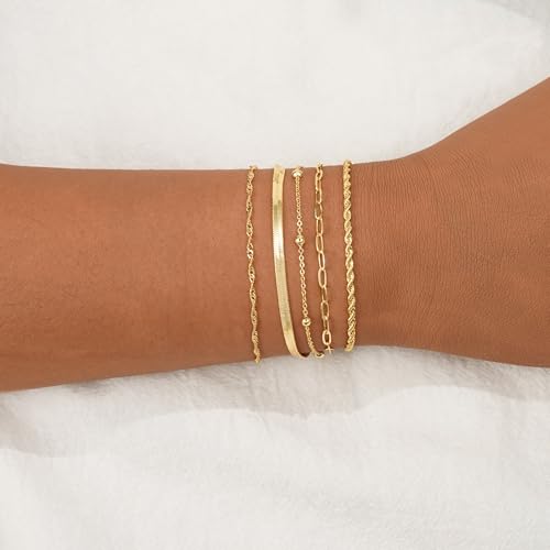 BERISO Gold Bracelets for Women, Elegant Adjustable 14K Gold Plated Bracelet for Women, Trendy Minimalist Dainty Gold Bracelet for Everyday Wear - style: 5layer B0047-GD