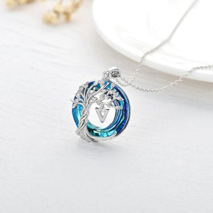 TOUPOP Gifts for Women Tree of Life Initial Necklace 925 Sterling Silver Letter Pendant with Blue Crystal Birthday Jewelry Gifts for Women Her Mom Wife Daughter - color: Tree of Life V Initial