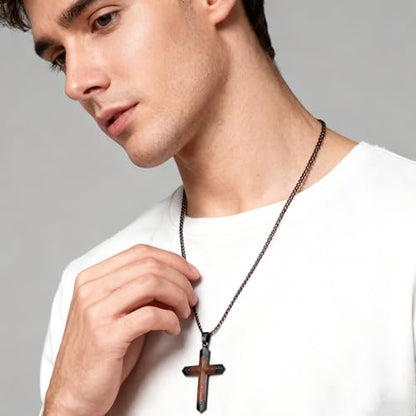 Cross Necklace for Men, Real Ebony Wooden Mens Cross Necklace Black Stainless Steel Christian Handmade Wood Pendant for Men, 24 Inch Box Chain - color: Black Cross Necklace