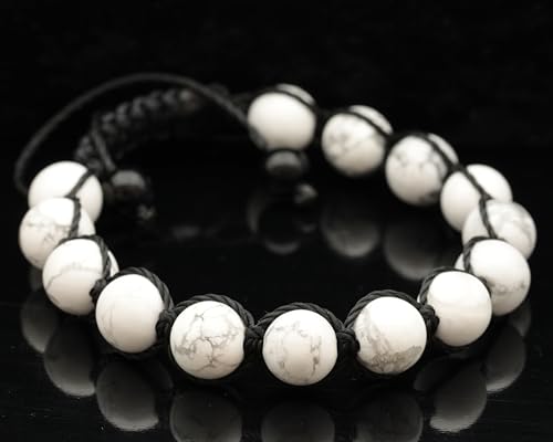 ElisaJewelryArt - Natural Black Onyx Beaded Bracelet Genuine Gemstone Strenght Crystal Macrame Bracelet Unisex Bracelet - color: Howlite, size: WOMEN