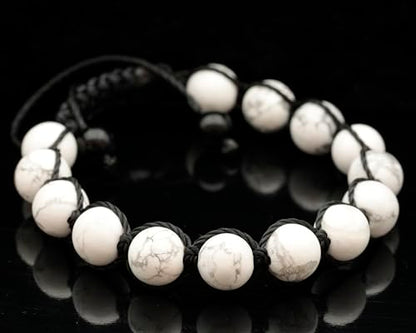 ElisaJewelryArt - Natural Black Onyx Beaded Bracelet Genuine Gemstone Strenght Crystal Macrame Bracelet Unisex Bracelet - color: Howlite, size: WOMEN