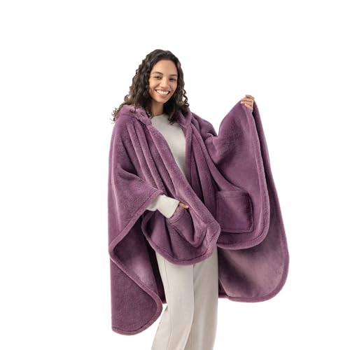 Berkshire Faux Fur Wearable Blanket, Cozy Reversible Loftmink Fleece Shawl with Hood & Side Pockets - color: Plum Smoke