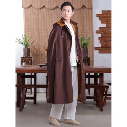 Meditation Buddhist Hooded Cloak Coat,Winter Meditation Cloak Zen Cloak Men and Women，Thick Double-Layer Plush Cloak - color: Coffee, size: XX-Large