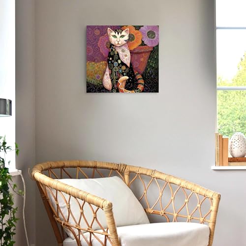 SiuSue Mystical Witchy Boho Floral Cat Canvas Wall Art Poster Prints Artwork Pictures Framed for Home Kids Girls Room Bedroom Living Room Meditation Room, 12x12 Inch - color: Cat-1