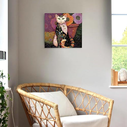 SiuSue Mystical Witchy Boho Floral Cat Canvas Wall Art Poster Prints Artwork Pictures Framed for Home Kids Girls Room Bedroom Living Room Meditation Room, 12x12 Inch - color: Cat-1