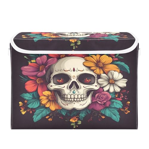 senya Large Storage Bins with Linen Halloween Skull Flower Collapsible Foldable Storage Cubes Fabric Closet Organizer Containers Box with Flip-Top Lid for Home Bedroom Office 16.7 x 12.6 x 11.8in - color: Halloween Skull Flower