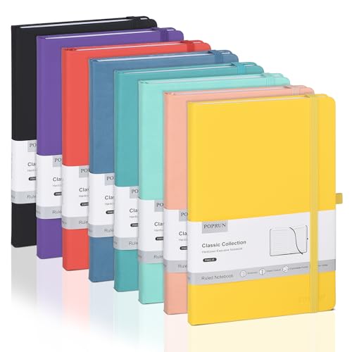 POPRUN Lined Journal Notebook 8 Pack, A5 College Ruled Hardcover Notepad 5.5" x 8.3" 240 Pages, A5 Medium PU Leather Notebooks for Office, School Supply, Note Taking, Business, Multicolored - color: Black,Purple,Red,Yellow,Green,Pink,Blue,Turquoise, style