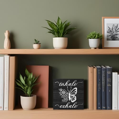 Inhale Exhale Funny Butterflies Wooden Sign Desk Decor for Home Office Farmhouse Bedroom, Yoga Spa Room Decor, Meditation Gifts for Women Boss Leader Supervisor Coworkers Family Friend BFF - style: Traditional