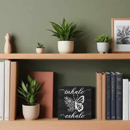 Inhale Exhale Funny Butterflies Wooden Sign Desk Decor for Home Office Farmhouse Bedroom, Yoga Spa Room Decor, Meditation Gifts for Women Boss Leader Supervisor Coworkers Family Friend BFF - style: Traditional