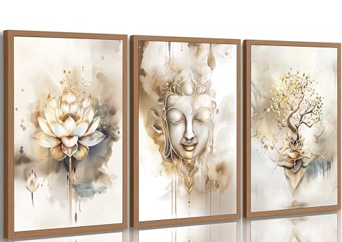 3Pcs Zen Canvas Wall Art Tree of Life Lotus Flower, Buddha Painting Pictures Wall Decor Poster Print Artwork For Living Room Yoga Room Hotel Bedroom Home Decoration Unframed - color: Poster, size: 16L''x12W''