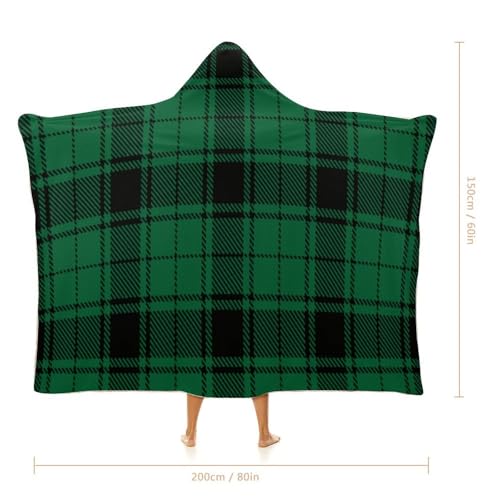 Scottish Tartan Plaid Green Large Size Comfortable Hooded Blanket, Warm Blanket 60"x80" - color: Scottish Tartan Plaid Green, size: 60"x80"