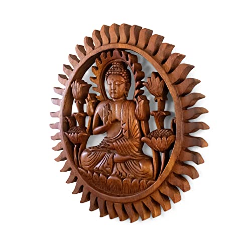 G6 Collection 12" Wooden Hand Carved Wall Hanging Serene Buddha Meditation Sculpture Statue Handmade Figurine Relief Gift Home Decor Handcrafted Decoration Round Buddha Plaque