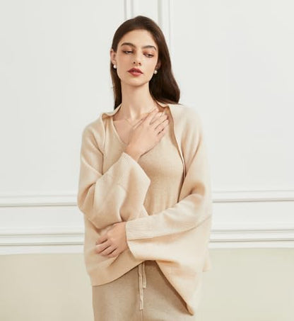 Huralona Women's Open Front Wool Shawl Wrap Scarf with Sleeves Outer Warm Knitted Poncho Cape Fall Winter - color: Cream