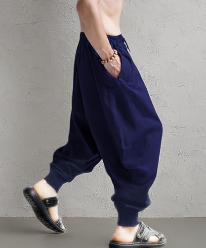 CLANMILUMS Men's Cotton Harem Pants Casual Loose Hippie Drop Crotch Trouser - color: Navy1, size: Medium