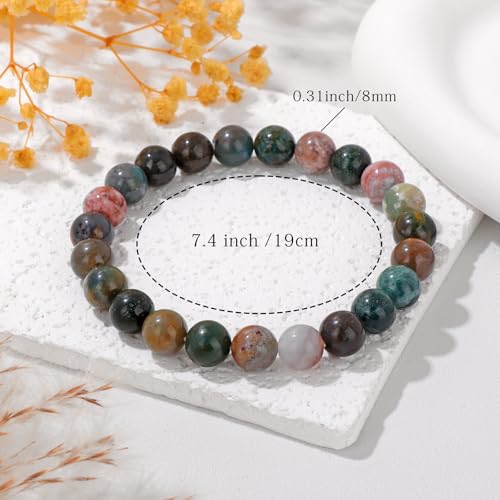 Crystal Beaded Bracelets for Women 4mm Clear Quartz Bead Handmade Gemstone Stretch Elastic Bracelet Natural Stone Crystal Healing Reiki Spiritual Jewelry Gifts - color: India Agate, size: 8mm