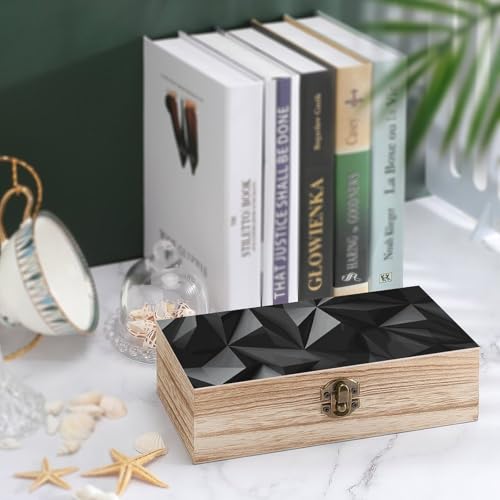 Black Geometric Wooden Storage Box with Hinged Lid And Front Clasp Decorative Storage Keepsake Boxes Wooden Gift Jewelry Organizer Boxes Office Desk Organizer