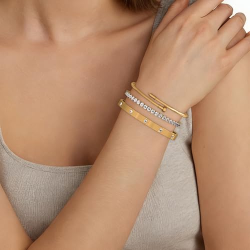 PCY Gold Bracelets For Women,3PC Bangle Gold Plated Bracelets For Women,Trendy Statement Cuff Stackable Bangles Set,Fashion Jewelry for Women. - size: Small