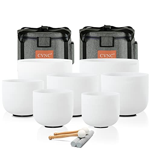 CVNC 432HZ 6-12 Inch Set Of 7 PCS Frosted Chakra Quartz Crystal Singing Bowls for Sound Healing with 2 PCS Travel Carry Case Bag - color: White, size: 6-12 inch