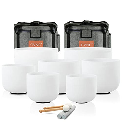 CVNC 432HZ 6-12 Inch Set Of 7 PCS Frosted Chakra Quartz Crystal Singing Bowls for Sound Healing with 2 PCS Travel Carry Case Bag - color: White, size: 6-12 inch