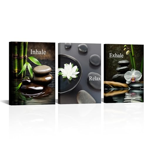 FuShvre Zen Wall Art for Bathroom Zen Stone Bamboo Lotus Orchid Flower Pictures Still Life Prints for Zen Meditation Room Wall Decor Framed 12x16 inch each piece (small) - size: 16"L x 12"W