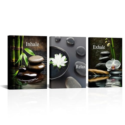 FuShvre Zen Wall Art for Bathroom Zen Stone Bamboo Lotus Orchid Flower Pictures Still Life Prints for Zen Meditation Room Wall Decor Framed 12x16 inch each piece (small) - size: 16"L x 12"W