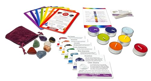 Chakra Clearing Crystals and Aromatherapy Altar Kits (32 Pc): Chakra Stones, ID Cards, Chakra Healing Cards, Scented Tealight Candles for Meditation, Reiki, Energy Work - Spirituality and Mindfulness