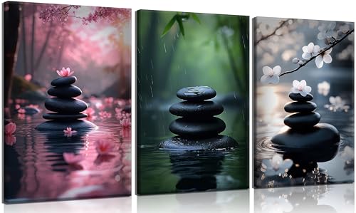 3pcs Zen Stone Wall Art Modern Zen Bathroom Wall Decor Meditation Spa Stone Poster Green Bamboo Lotus Printed Artwork for Yoga Meditation Spiritual Room Bathroom Framed - color: canvas, size: 16L"×12W"