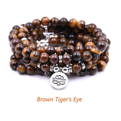 108 Mala Beads Bracelet Necklace - Gemstone Prayer Beads with Lotus Charm for Meditation & Yoga