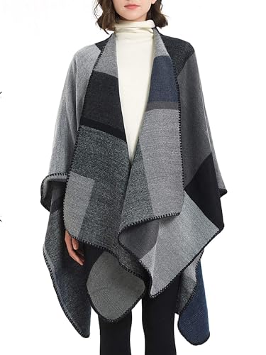 MissShorthair Women's Printed Shawl Wrap Fashionable Open Front Poncho Cape, Gift for Women - color: A-black Grey