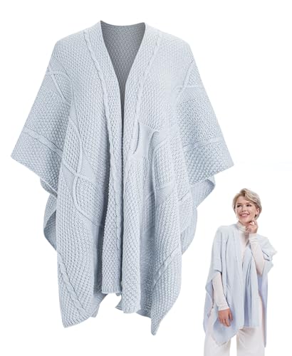 MissShorthair Knit Shawl Wraps for Women Boho Crochet Shawls Cape Open Front Cardigan - color: Light Blue