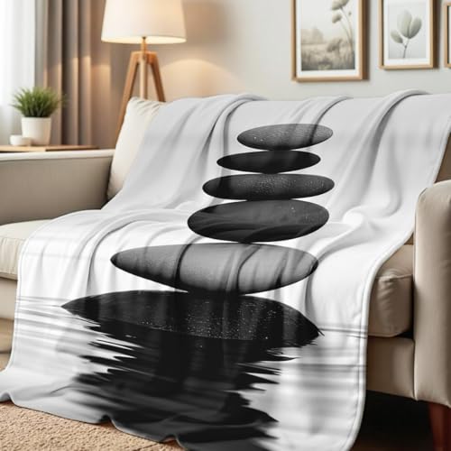 Zen Stone on Water Print Blanket Black and White Flannel Blanket Spa Throw for Home Bedding Couch Bed Yoga Room Meditation Decor Gifts (49"x59") - color: Black, size: 49"x59"