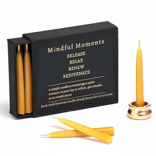 Mindful Meditation Candle Set with 12 Mini Taper Beeswax Candles with Brass Holder for Prayer & Reflection, Relaxation Gifts for Women Stress, Serenity Thinking of You Gift - size: 1 Pack