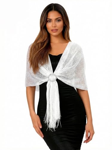 Sumolux Shawls Wraps for Evening Dresses Metallic Glitter Shawls Scarf for Women Sparkling Wedding with Free Buckle - color: White