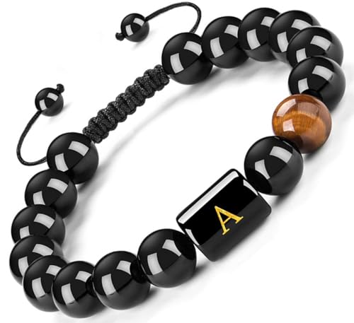 FRG Initials Bracelets for Men Letter Link Handmade Natural Black Onyx Tiger Eye Stone Beads Braided Rope Meaningful Bracelet - style: Braided rope-A