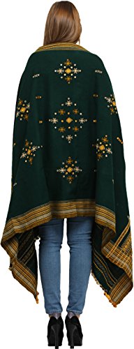 Exotic India Shawl from Kutch with Embroidered Bootis and Mirrors - Wool - color: Alpine Green