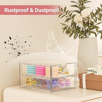 Hair Accessories Organizer for Girls, 2 Tier Acrylic Stackable Storage Drawers, Clear Vanity Hair Tie Bow Claw Clip Scrunchie Holder Organizer for Girls Stuff, Cute Desk Organizers and Accessories