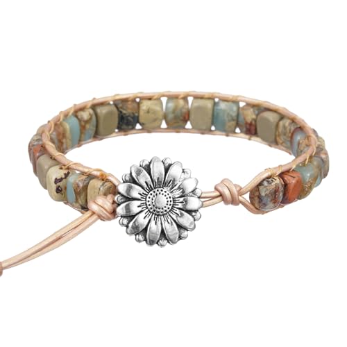 Women Boho Handmade Natural Stone Crystal Leather Bead Wrap Bracelets Collection - style: Agalmatolite 1W