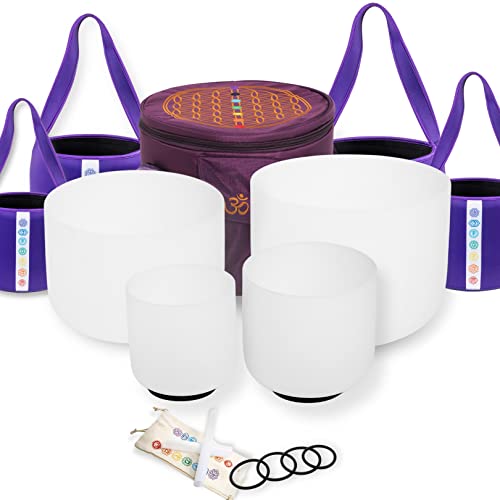 FMTY Crystal Singing Bowl Set - Perfect Pitch 6B+8G+10E+12C, White, Meditation, Yoga, Spiritual Healing