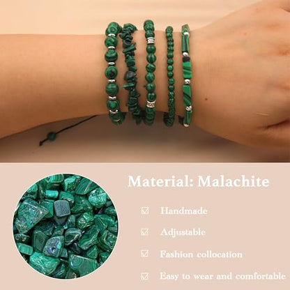 5Pcs Healing Crystal Bracelet for Women Men, Handmade Adjustable Gemstone Bracelets Beaded Reiki Energ Bracelet Set Jewelry Gifts for Women Men - color: Malachite