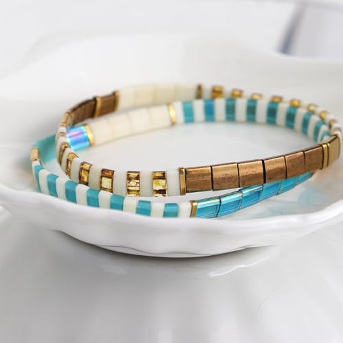 Tila Beaded Stretch Strand Bracelets for Women, Cute Boho Stackable Handmade Colorful Mixed Flat Square Beads Elastic Beach Surfer Bracelet Trendy Jewelry Friend Gift - color: 0901H