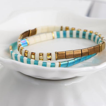 Tila Beaded Stretch Strand Bracelets for Women, Cute Boho Stackable Handmade Colorful Mixed Flat Square Beads Elastic Beach Surfer Bracelet Trendy Jewelry Friend Gift - color: 0901H