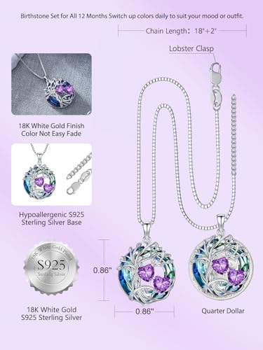 TOUPOP s925 Sterling Silver Family Celtic Tree of Life Pendant Necklaces with 2 Heart Birthstone with Blue Austrian Crystal Jewelry Birthday Valentines Day Gifts for Her, Anniversary Christmas Gifts for Wife Girlfriend Mom (18K Real White Gold Filled) - c