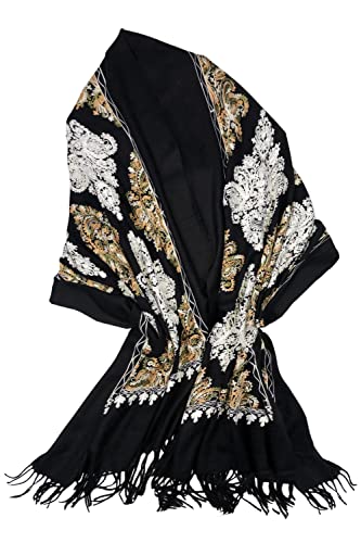 Urban CoCo Women's Embroidered Tassel Long Shawl Oversize Scarf Wraps for Women - color: #2-black
