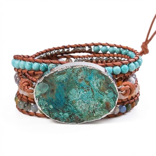 YGLINE Boho Handmade Natural Stone Wrap Bracelets Jasper Crystal Beads Bracelet Jewelry - color: green jasper