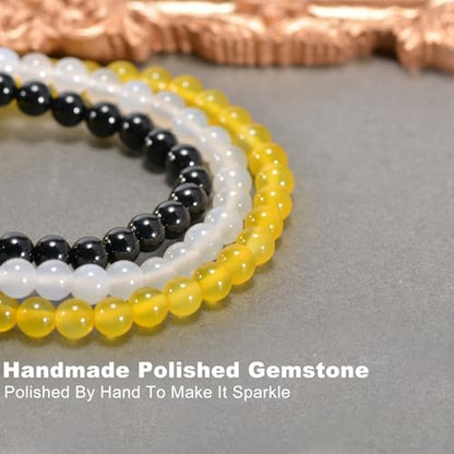 3PCS Agate Bracelet for Women Men Natural Round Beaded Agates Stone Healing Stretch Bracelets Elastic Handmade Polished Gemstone Beads Bracelet - color: Black+Yellow+White