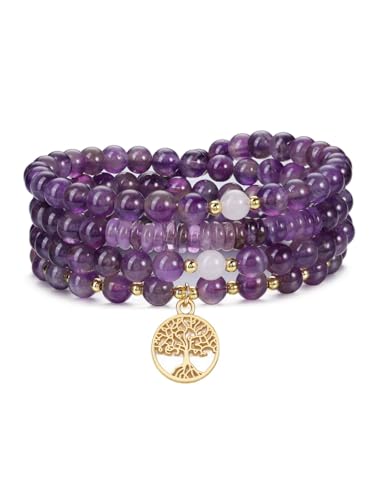 Jovivi 108 Mala Beads Bracelet Necklace, Natural Healing Crystal Stones Prayer Beads Yoga Meditation Gemstone Necklace Gold Copper Tree Life Pendant - color: Amethyst